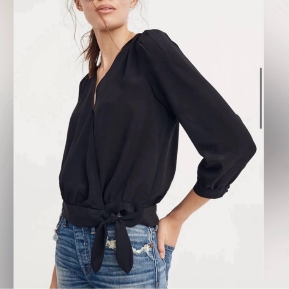 Madewell Black Silk Long Sleeve Wrap Top - Picture 2 of 6